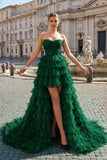 Black Strapless High Low Ruffles Tulle Prom Dress