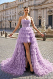 Black Strapless High Low Ruffles Tulle Prom Dress