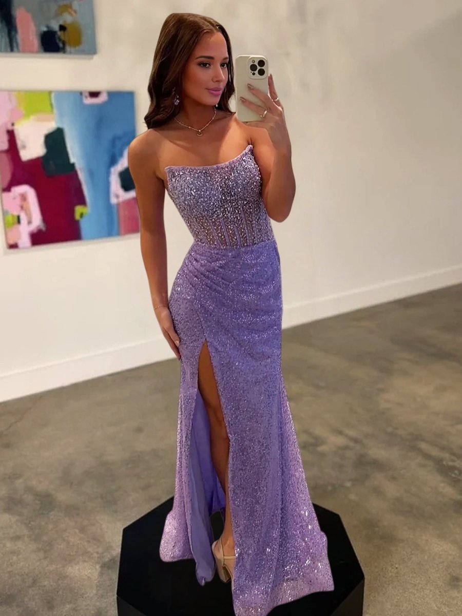Strapless Mermaid Long Sequins Prom Dress With Split