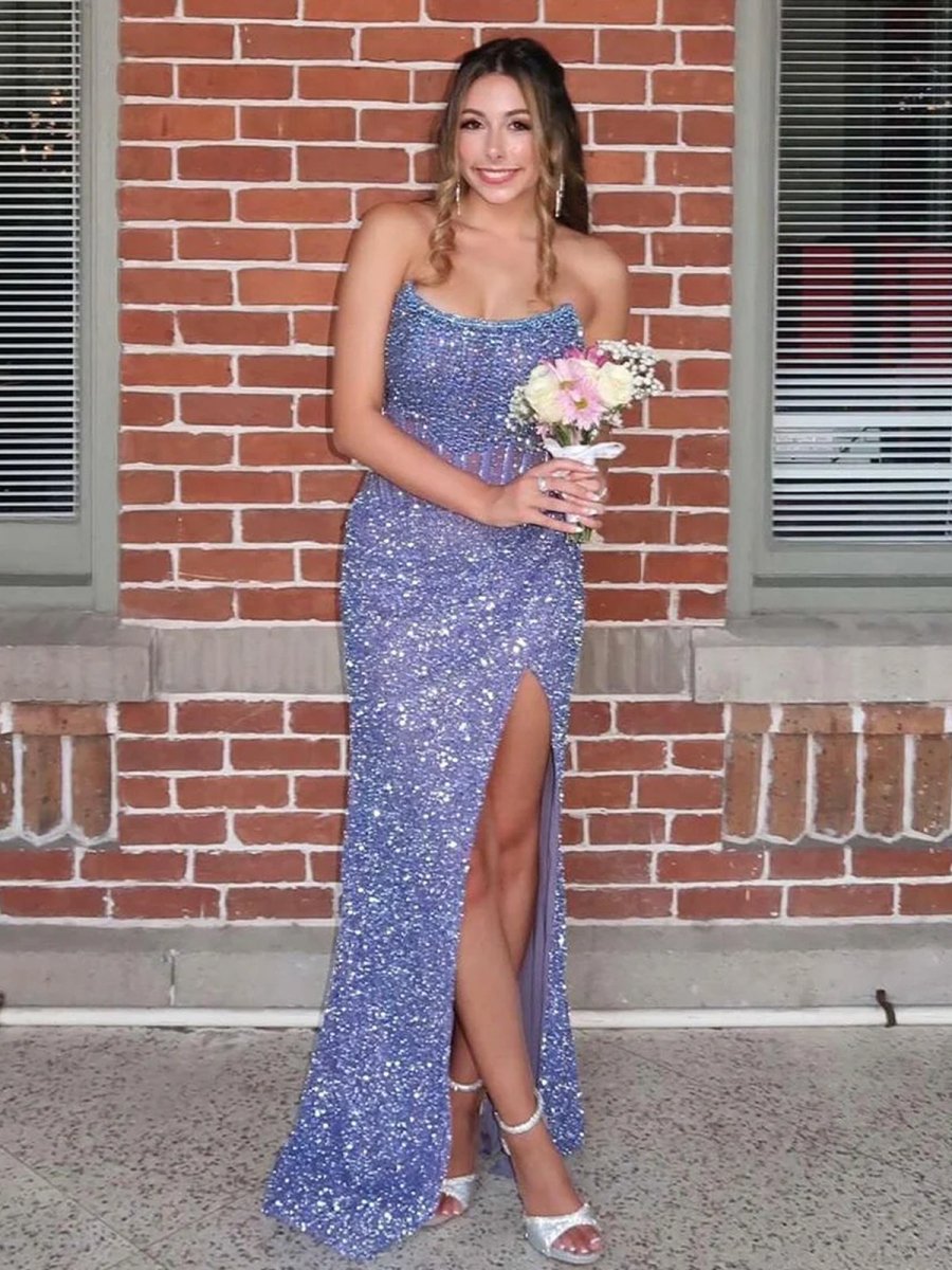 Strapless Mermaid Long Sequins Prom Dress With Split