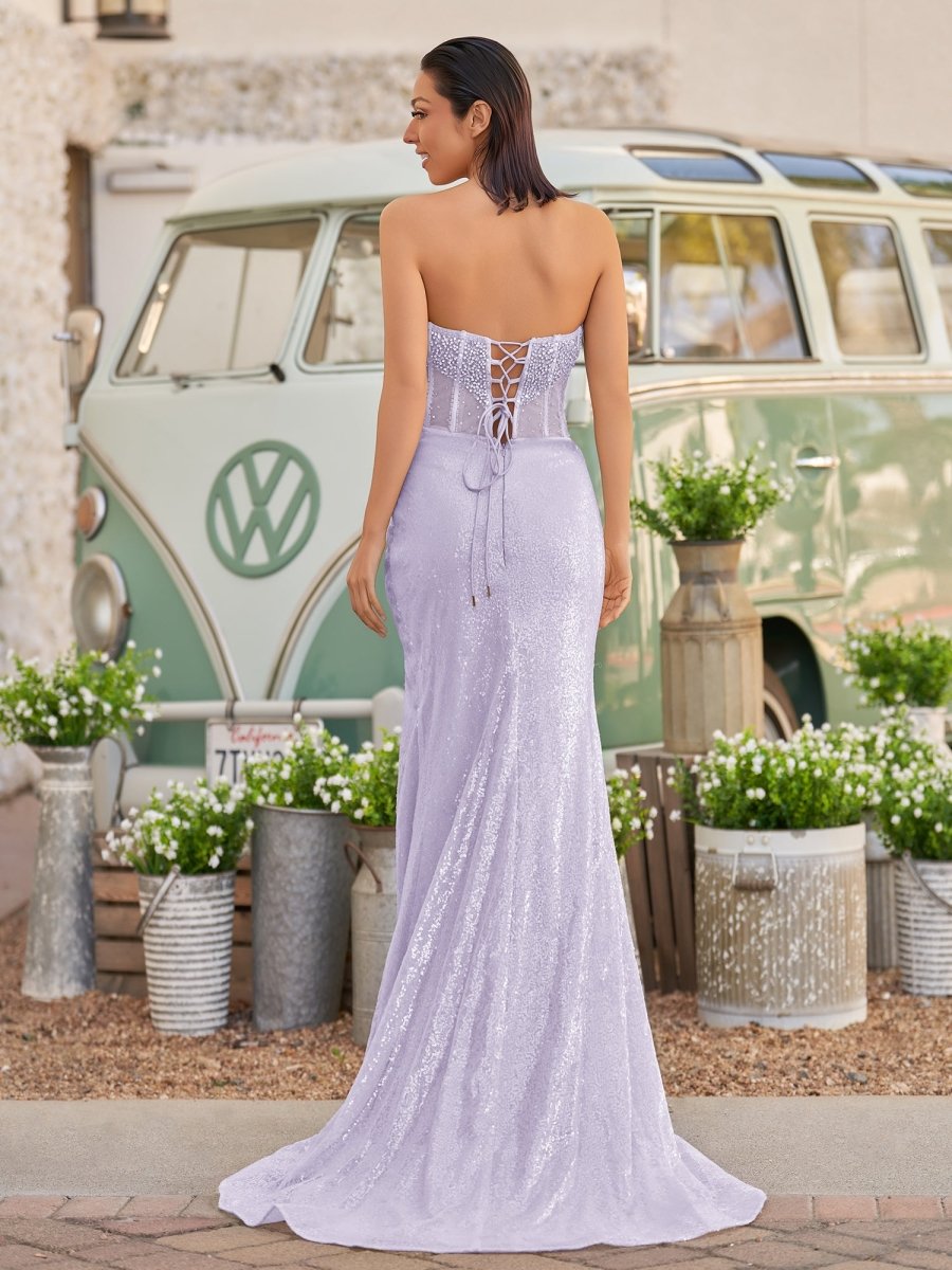 Strapless Mermaid Long Sequins Prom Dress With Split