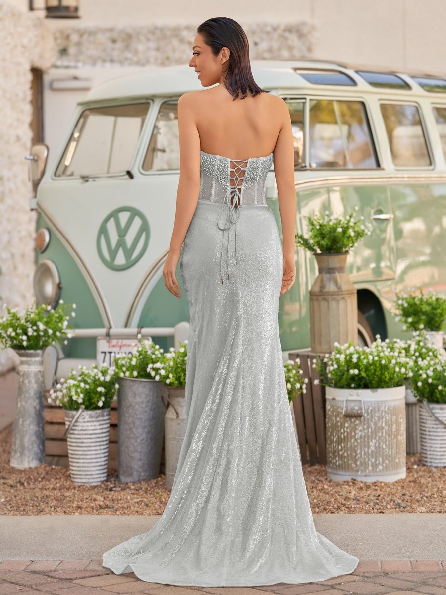 Strapless Mermaid Long Sequins Prom Dress With Split
