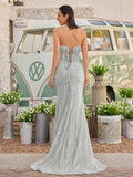 Strapless Mermaid Long Sequins Prom Dress With Split