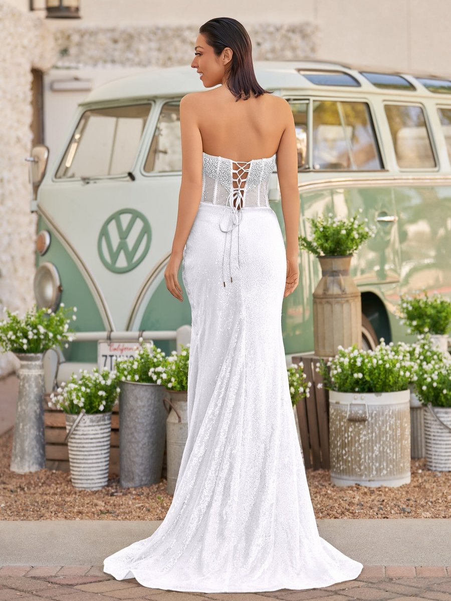 Strapless Mermaid Long Sequins Prom Dress With Split