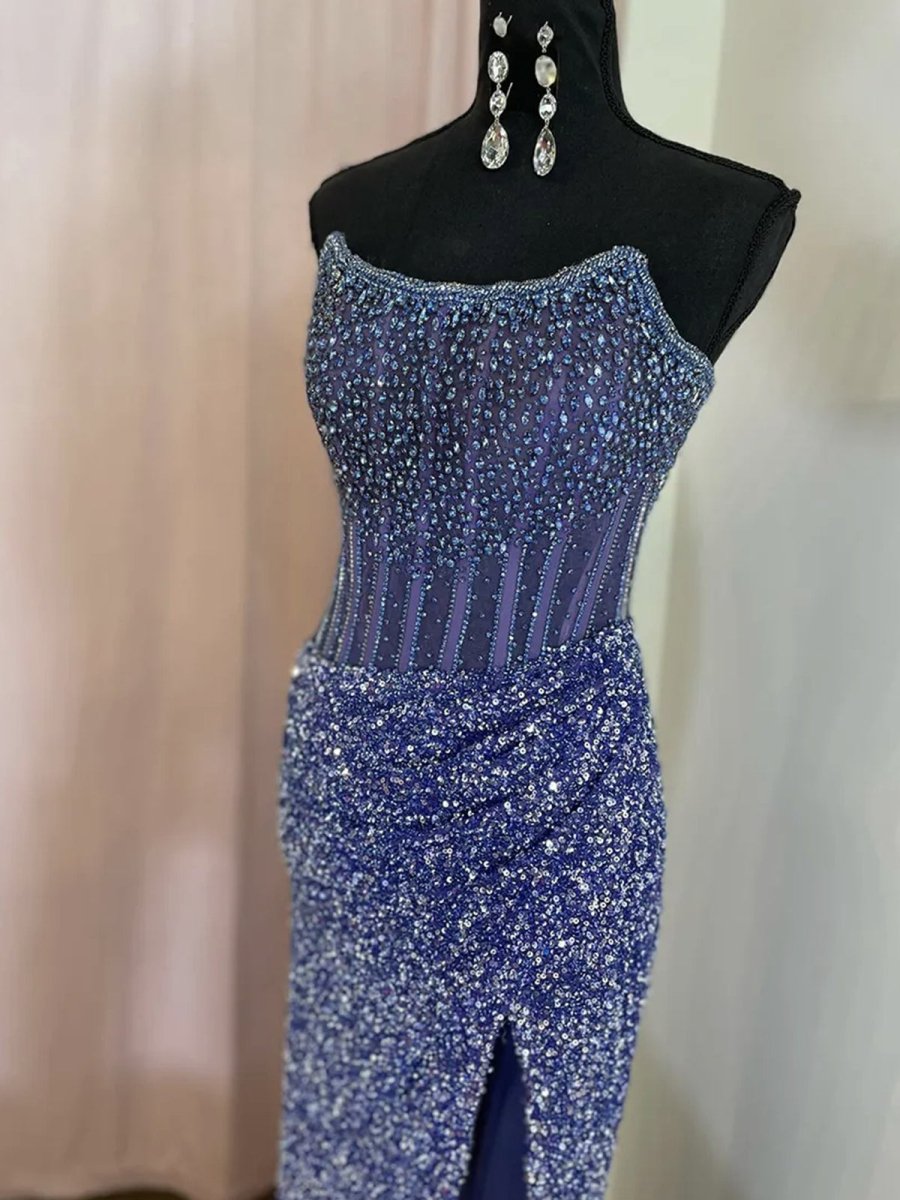 Strapless Mermaid Long Sequins Prom Dress With Split