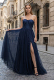 A-Line Sweetheart Beads Empire-Waist Sleeveless Prom Dress With Slit