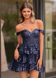 Navy Blue A-Line Sweetheart Tiered Short Homecoming & Cocktail Dresses