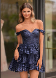 Navy Blue A-Line Sweetheart Tiered Short Homecoming & Cocktail Dresses