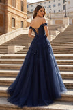 Navy Blue A-line Sweetheart Lace Tulle Prom Dress with Slit