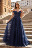 Navy Blue A-line Sweetheart Lace Tulle Prom Dress with Slit