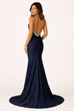 Navy Blue Beaded V-Neck Backless Mermaid Long Prom Dress