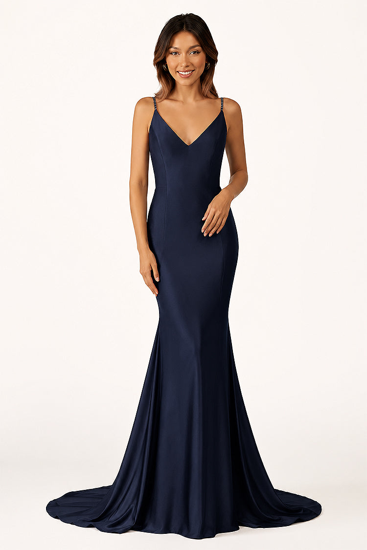 Navy Blue Beaded V-Neck Backless Mermaid Long Prom Dress