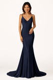 Navy Blue Beaded V-Neck Backless Mermaid Long Prom Dress