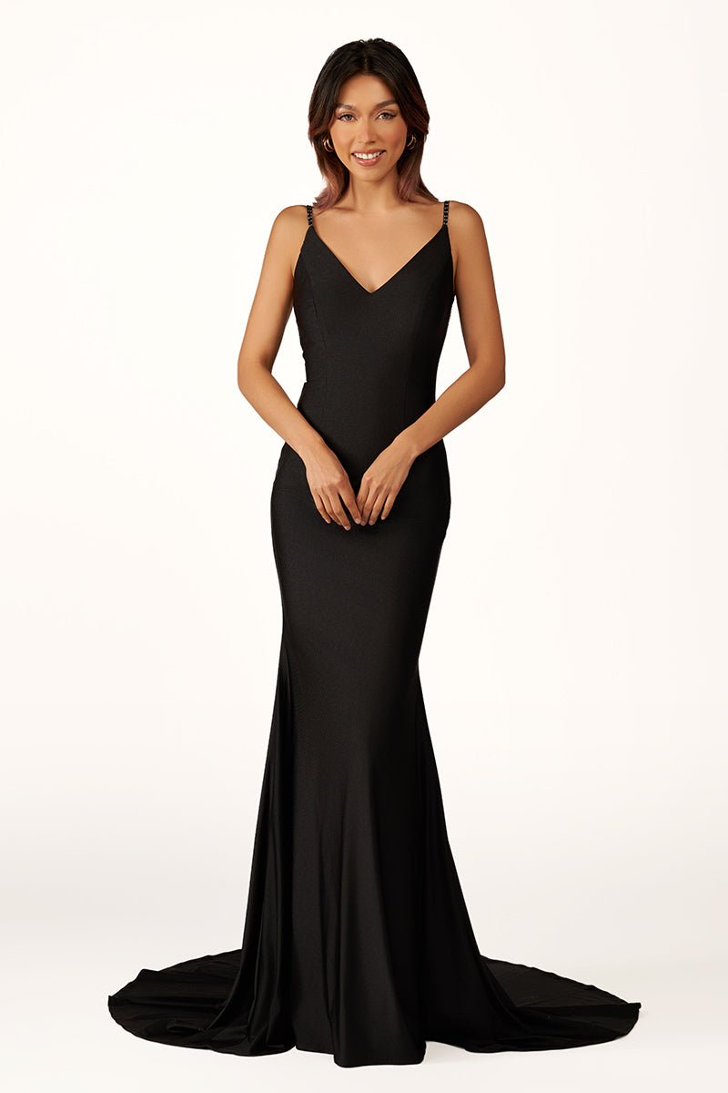 Navy Blue Beaded V-Neck Backless Mermaid Long Prom Dress