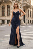 Sheath Spaghetti Straps Black Satin Long Prom Dresses with Lace Appliques