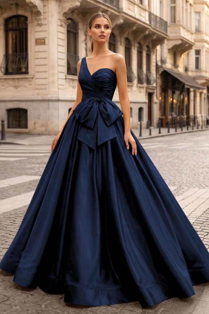 One Shoulder Satin A Line Prom Dress With Bow