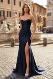 Mermaid Strapless Satin Long Prom Dress With Slit