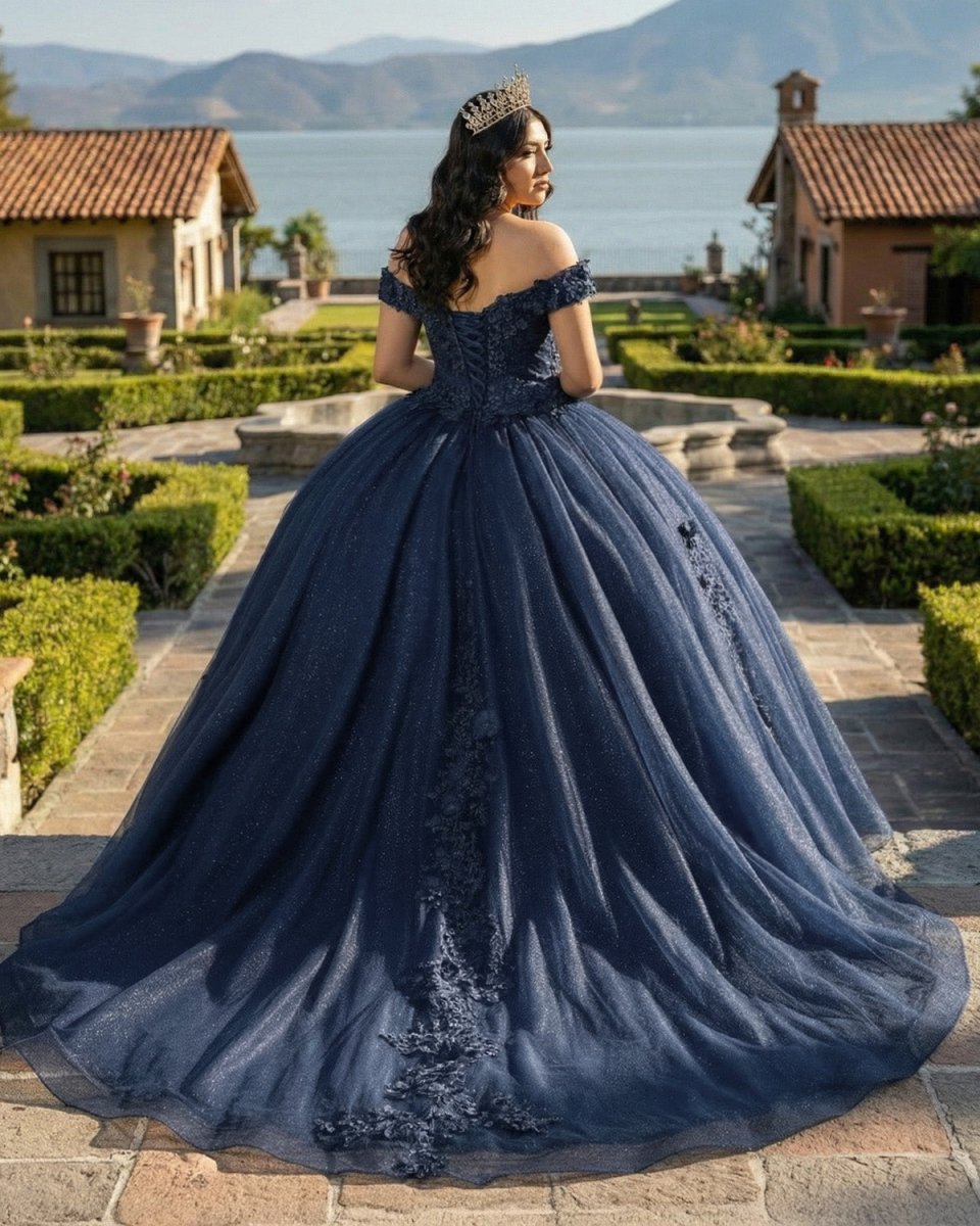 Navy Blue Organza Off The Shoulder Ball Gown Quinceanera Dress