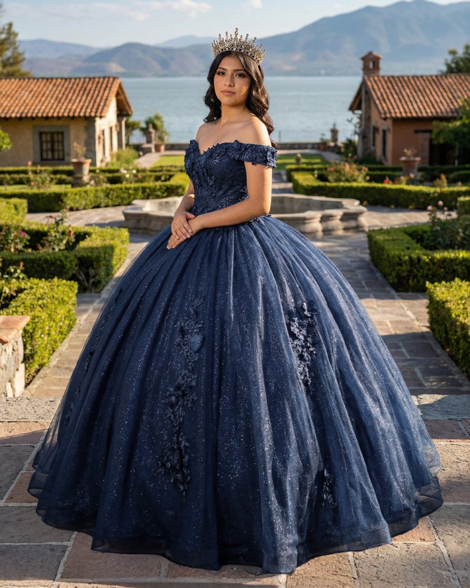 Navy Blue Organza Off The Shoulder Ball Gown Quinceanera Dress