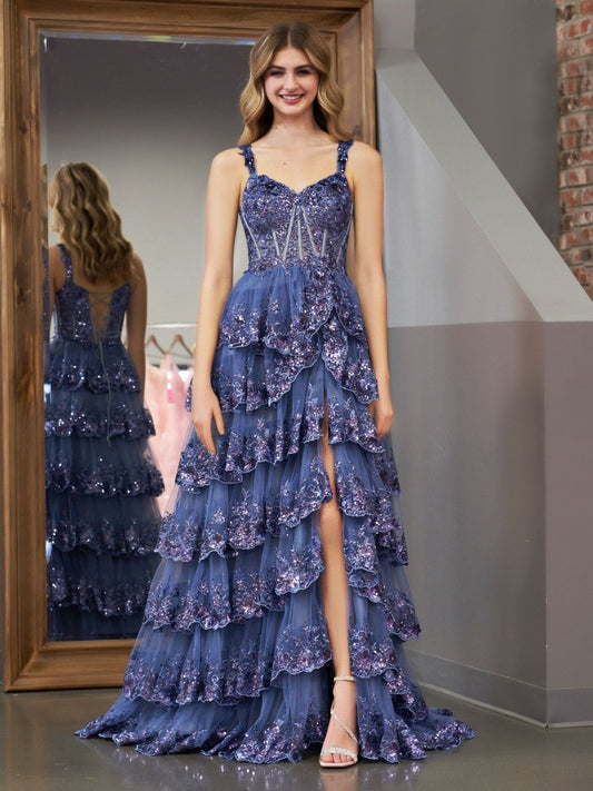Grey Blue Princess A Line Spaghetti Straps Corset Prom Dress with Lace Ruffles