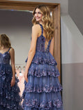 Grey Blue Princess A Line Spaghetti Straps Corset Prom Dress with Lace Ruffles