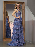 Grey Blue Princess A Line Spaghetti Straps Corset Prom Dress with Lace Ruffles
