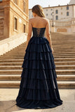 Gray Sweetheart A Line Satin Ruffled Long Prom Dresses With Slit
