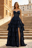 Gray Sweetheart A Line Satin Ruffled Long Prom Dresses With Slit