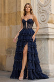 Sky Blue Sweetheart A Line Sequined Lace Ruffled Long Prom Dresses With Appliques