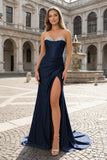 Royal Blue Sweetheart Satin Mermaid Long Prom Dresses with Beading