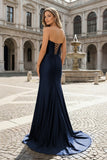 Royal Blue Sweetheart Satin Mermaid Long Prom Dresses with Beading