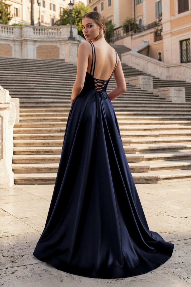 Burgundy Spaghetti Straps A Line Satin Long Prom Dresses With Slit