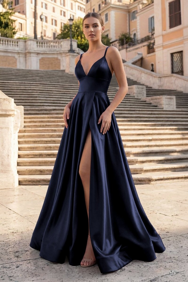 Burgundy Spaghetti Straps A Line Satin Long Prom Dresses With Slit