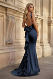 Coral Pink Mermaid V Neck Satin Open Back Long Prom Dresses With Bow