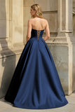 Pink Strapless A Line Pleated Satin Long Prom Dresses With Flower