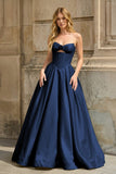 Pink Strapless A Line Pleated Satin Long Prom Dresses With Flower