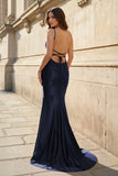 Red Spaghetti Straps Mermaid Satin Beaded Long Prom Dresses With Appliques