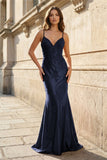 Red Spaghetti Straps Mermaid Satin Beaded Long Prom Dresses With Appliques