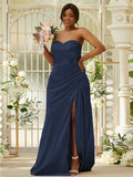 Sheath/Column Silk like Satin Ruched Sweetheart Sleeveless Sweep/Brush Train Bridesmaid Dresses Evening Dress