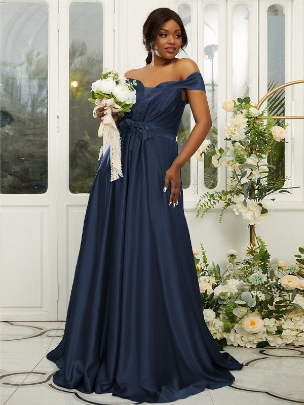 A-Line/Princess Silk like Satin Ruffles Off-the-Shoulder Sleeveless Sweep/Brush Train Bridesmaid Dresses Evening Dress