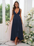 A-Line/Princess Silk like Satin Ruffles V-neck Sleeveless Ankle-Length Bridesmaid Dresses Prom Dress