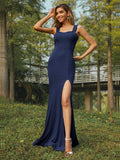 Sheath/Column Jersey Ruffles Straps Sleeveless Sweep/Brush Train Bridesmaid Dresses Evening Dress