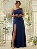 Sheath/Column Jersey Ruffles One-Shoulder Sleeveless Sweep/Brush Train Bridesmaid Dresses Evening Dress