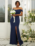 Sheath/Column Jersey Ruffles Off-the-Shoulder Sleeveless Sweep/Brush Train Bridesmaid Dresses Evening Dress