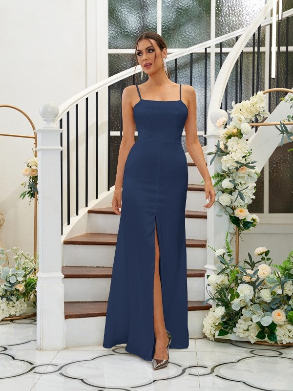 A-Line/Princess Silk like Satin Ruffles Spaghetti Straps Sleeveless Floor-Length Bridesmaid Dresses Evening Dress
