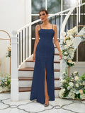 A-Line/Princess Silk like Satin Ruffles Spaghetti Straps Sleeveless Floor-Length Bridesmaid Dresses Evening Dress
