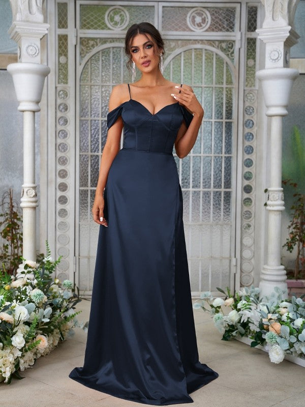 A-Line/Princess Silk like Satin Ruched Sweetheart Sleeveless Sweep/Brush Train Bridesmaid Dresses Evening Dress