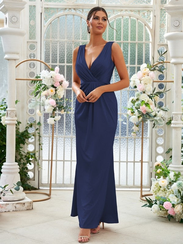 Sheath/Column Jersey Ruched V-neck Sleeveless Floor-Length Bridesmaid Dresses Evening Dress