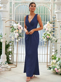 Sheath/Column Jersey Ruched V-neck Sleeveless Floor-Length Bridesmaid Dresses Evening Dress