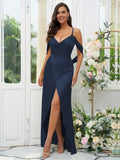 A-Line/Princess Silk like Satin Ruched V-neck Sleeveless Floor-Length Bridesmaid Dresses Evening Dress